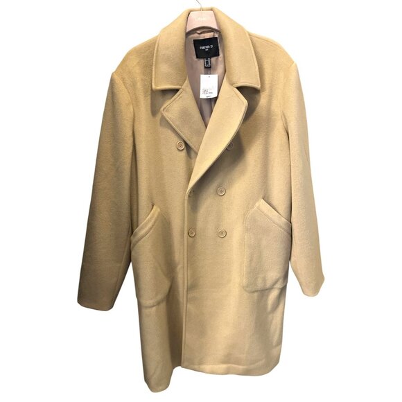 Forever 21 Mens Camel Double-Breasted Overcoat XXL Warm & Stylish Outerwear - Picture 1 of 9